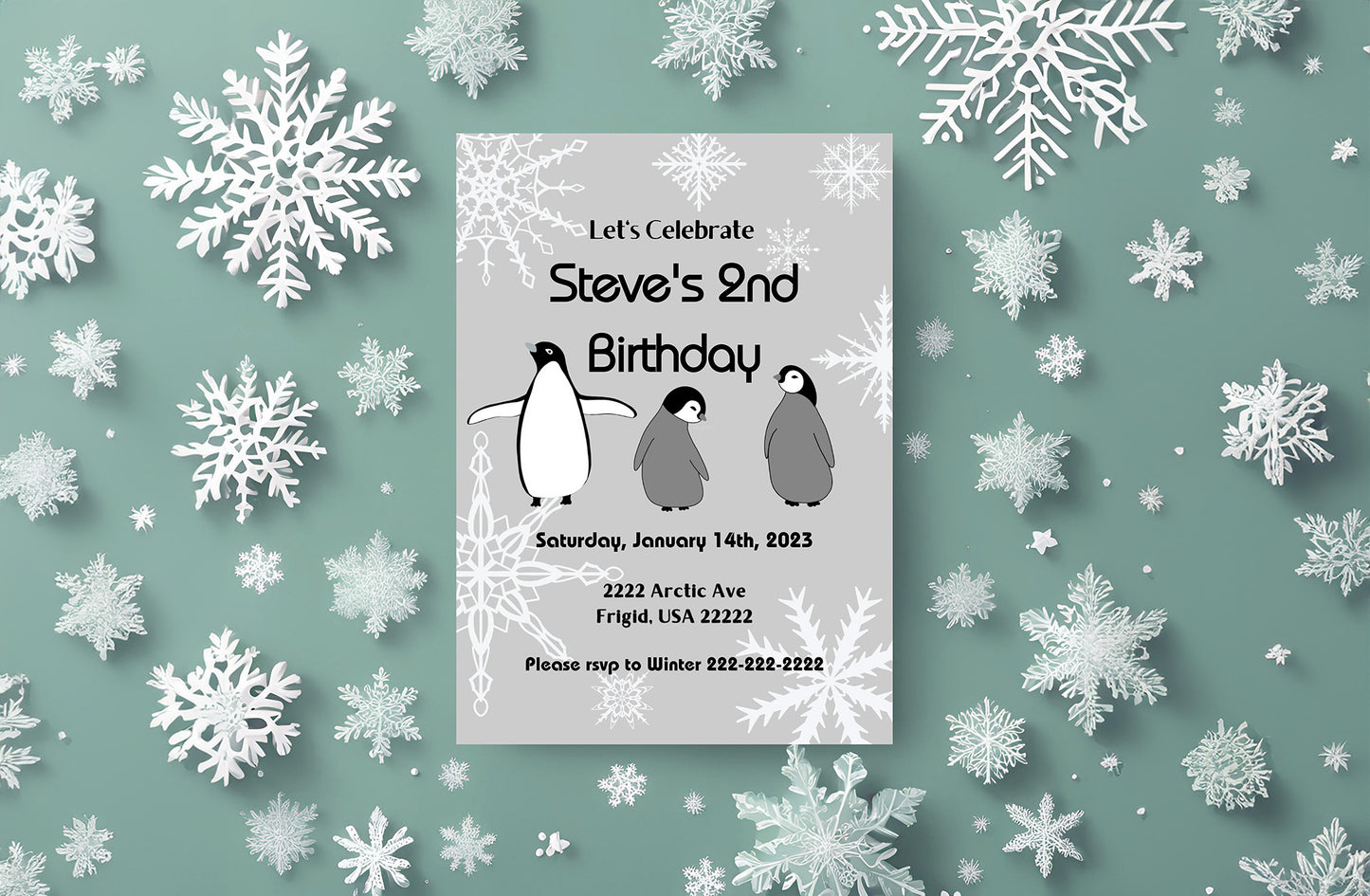 Grey Penguin Party Invitation | Penguin Party | Penguin Birthday | Penguin Baby Shower | Winter Party | Snowflakes