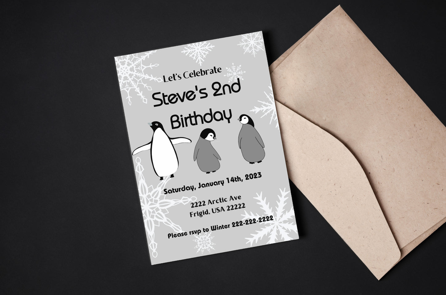 Grey Penguin Party Invitation | Penguin Party | Penguin Birthday | Penguin Baby Shower | Winter Party | Snowflakes