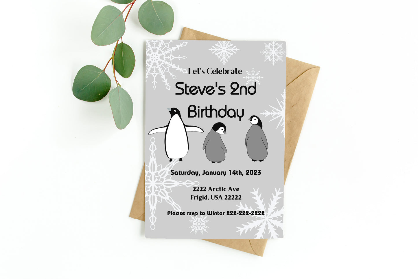 Grey Penguin Party Invitation | Penguin Party | Penguin Birthday | Penguin Baby Shower | Winter Party | Snowflakes