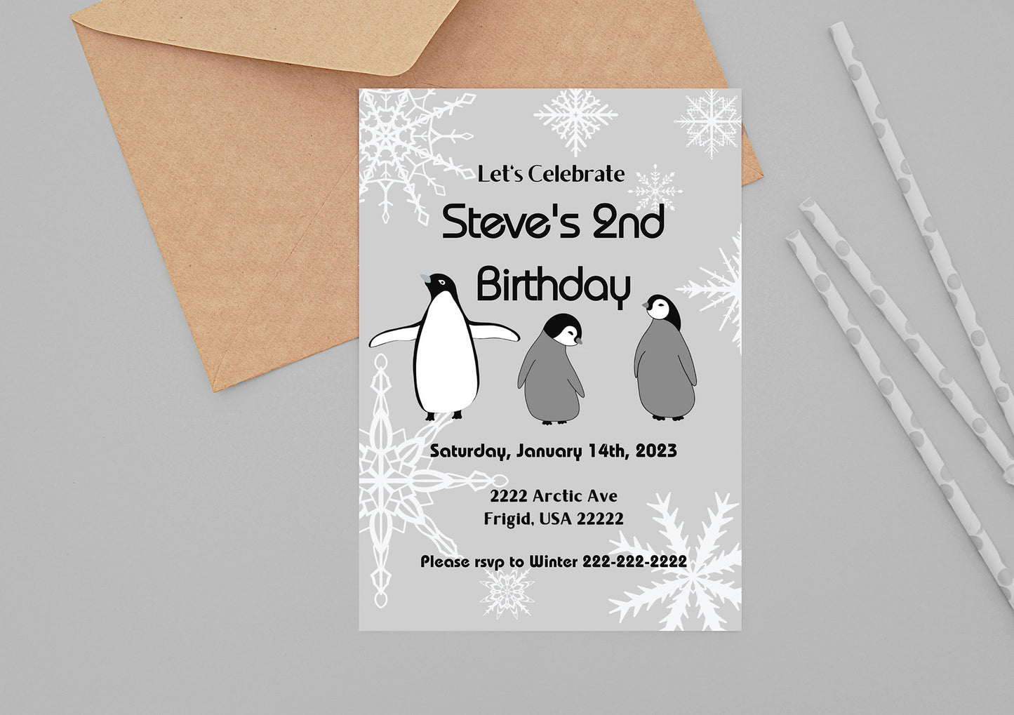 Grey Penguin Party Invitation | Penguin Party | Penguin Birthday | Penguin Baby Shower | Winter Party | Snowflakes